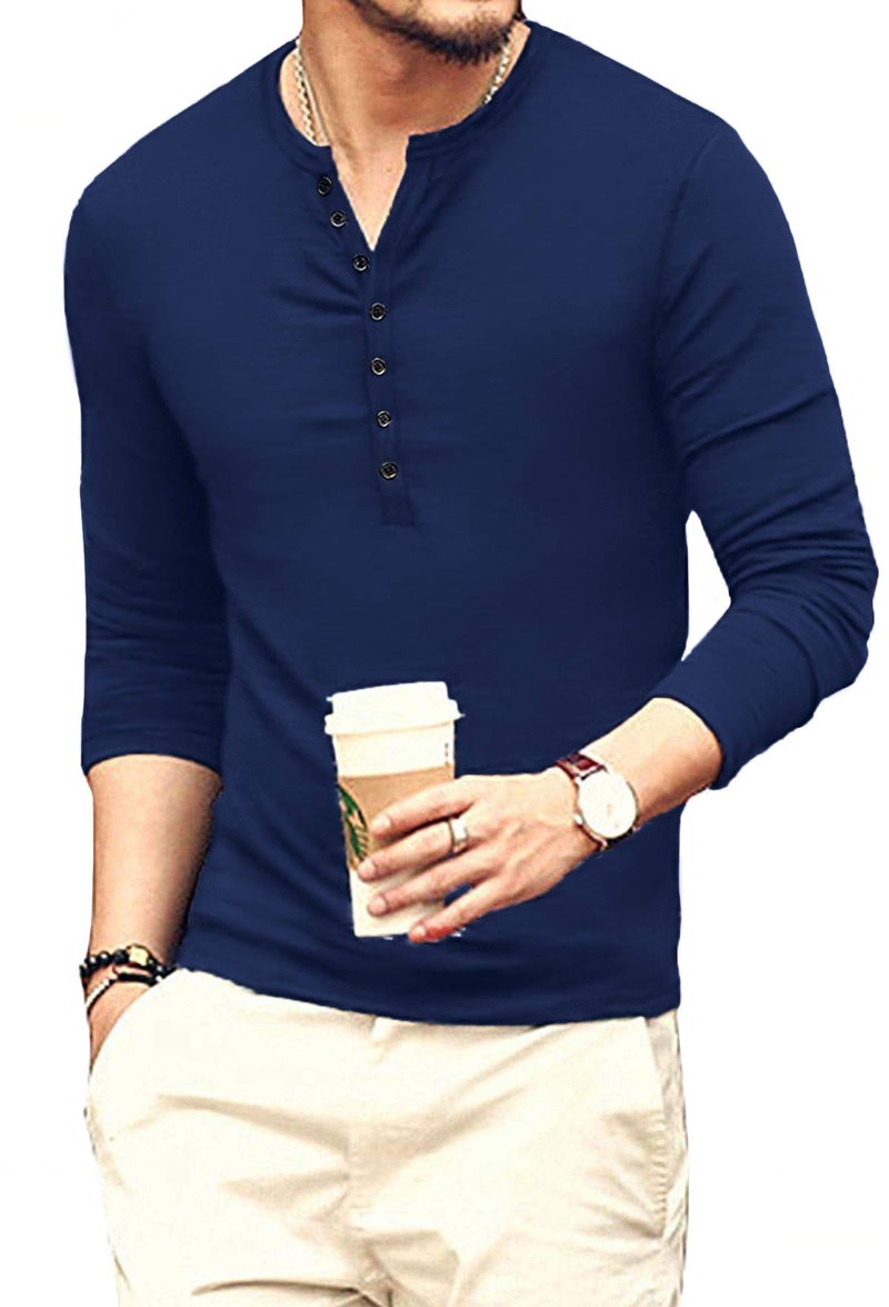 YTD Mens Casual Slim Fit Basic Henley Long Sleeve Fashion T-Shirt S Navy - Image 2